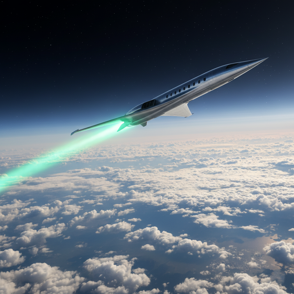 Illustration of a hypersonic vehicle with a water vapor contrail, symbolizing 'green' exhaust