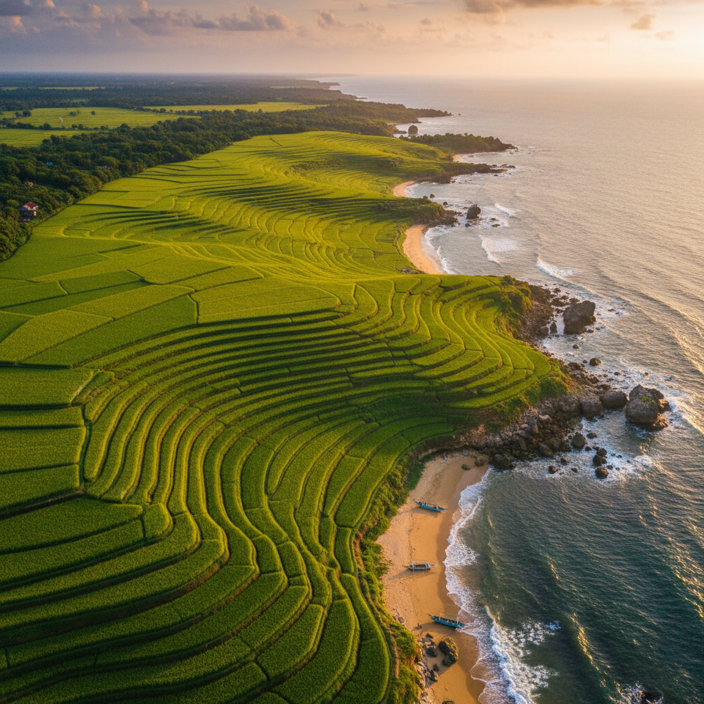 Conceptual art of vast rice paddies growing near a coastline