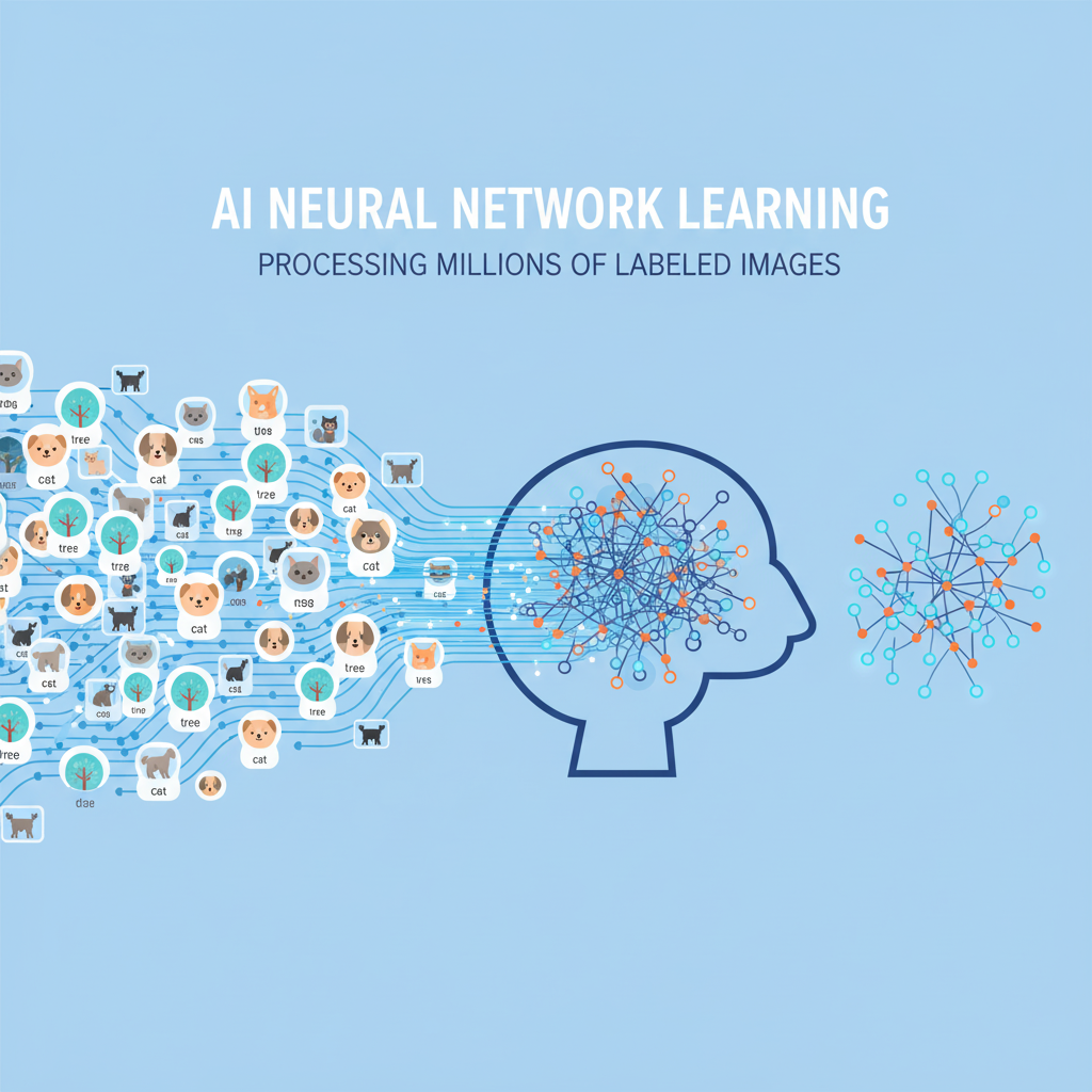 An infographic showing an AI learning from millions of labeled images of dogs, cats, and trees.