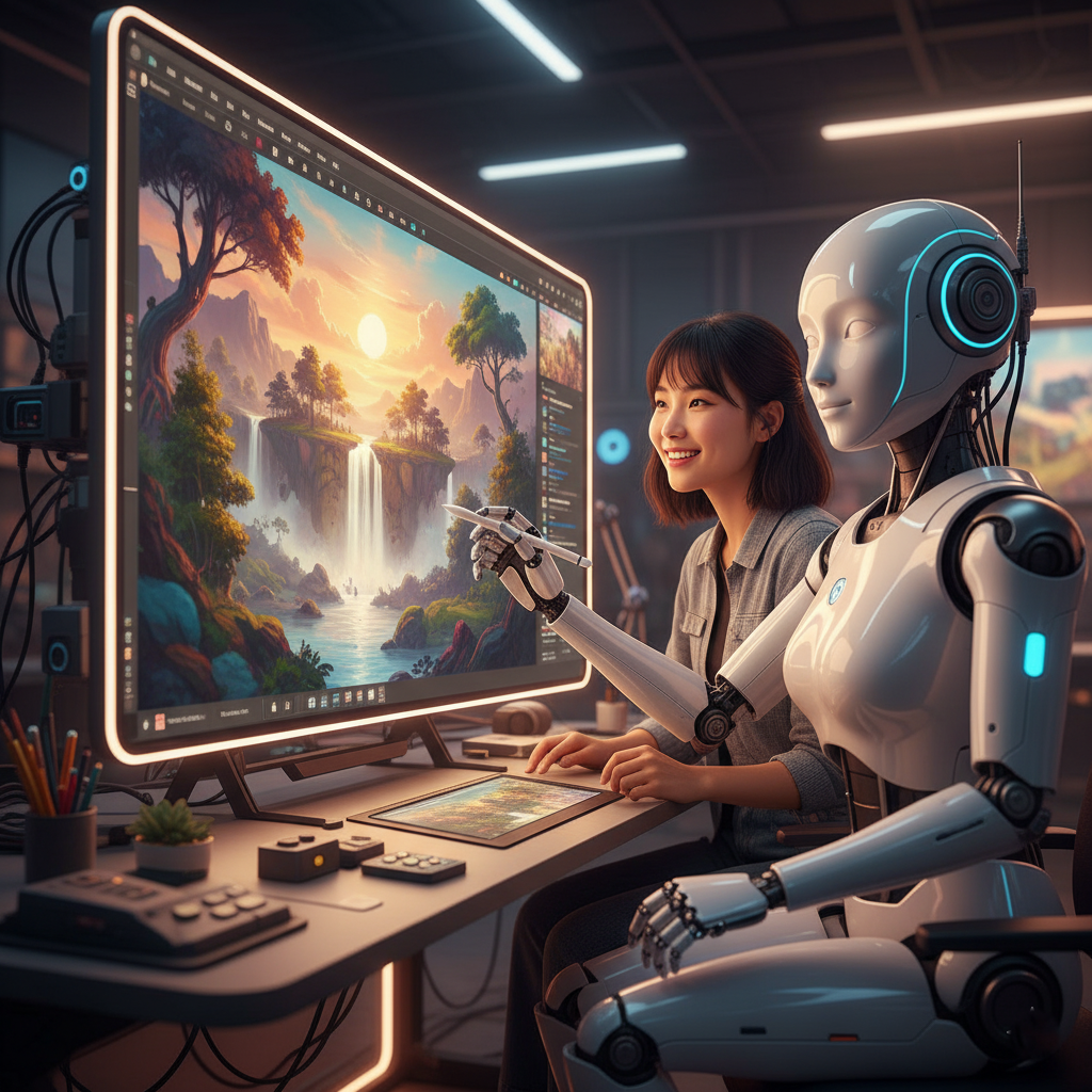 An image of a human artist and an AI working side-by-side, collaborating on a piece of art.