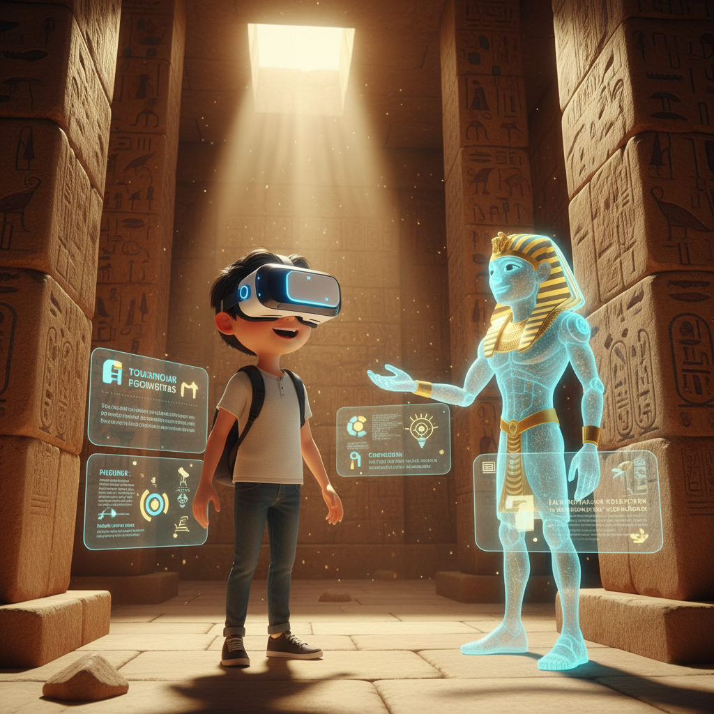 A student in the metaverse interacting with an AI-powered historical character inside a virtual pyramid.