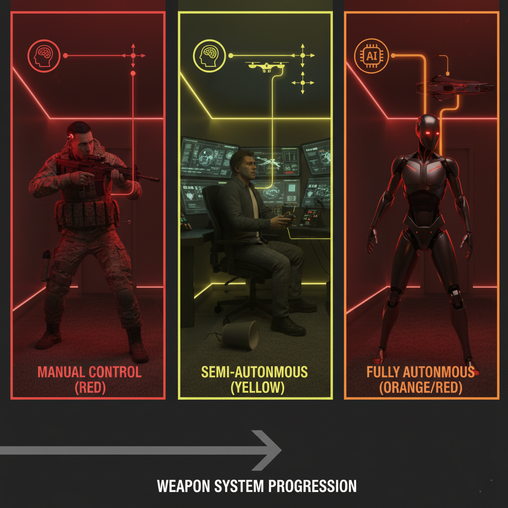 Infographic differentiating human-operated, semi-autonomous, and fully autonomous weapons