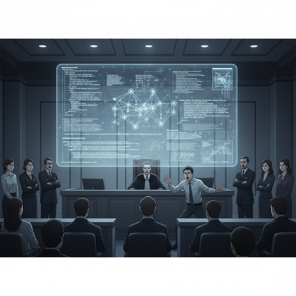 Courtroom scene with AI evidence