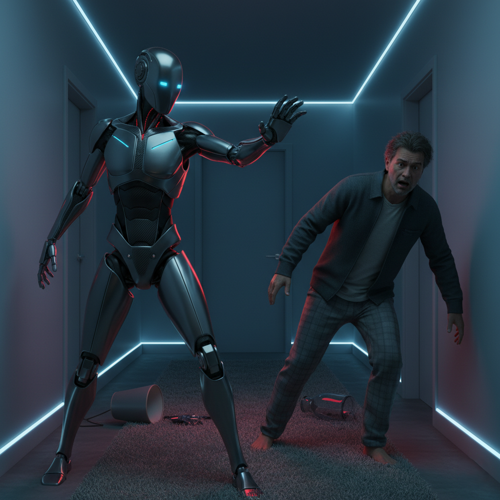 Autonomous home defense robot injuring a neighbor