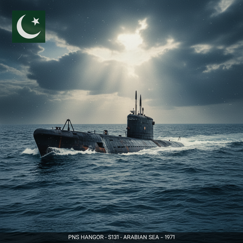 A historical photo or emblem of the PNS Hangor from 1971