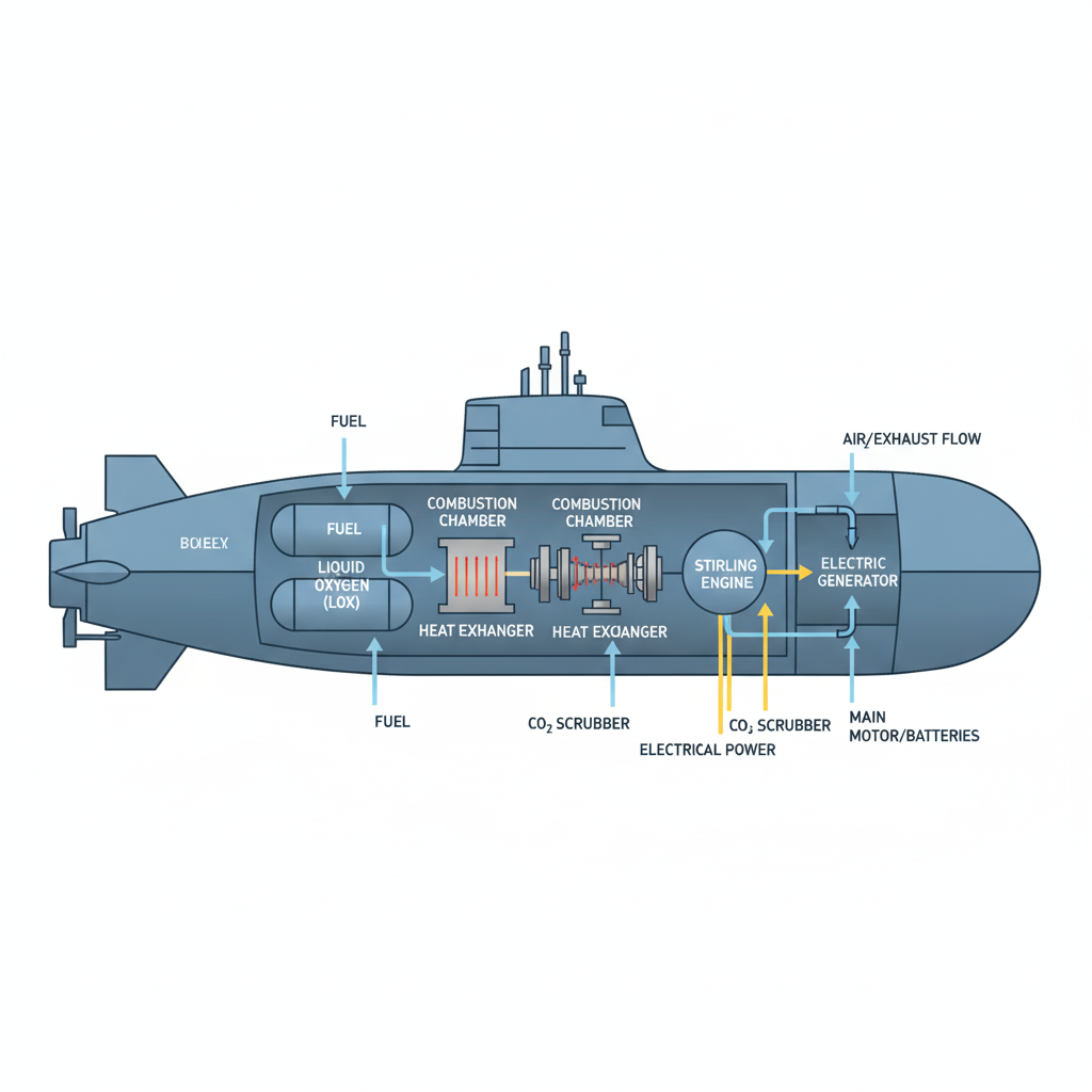 A simplified diagram of a Stirling AIP system in a submarine