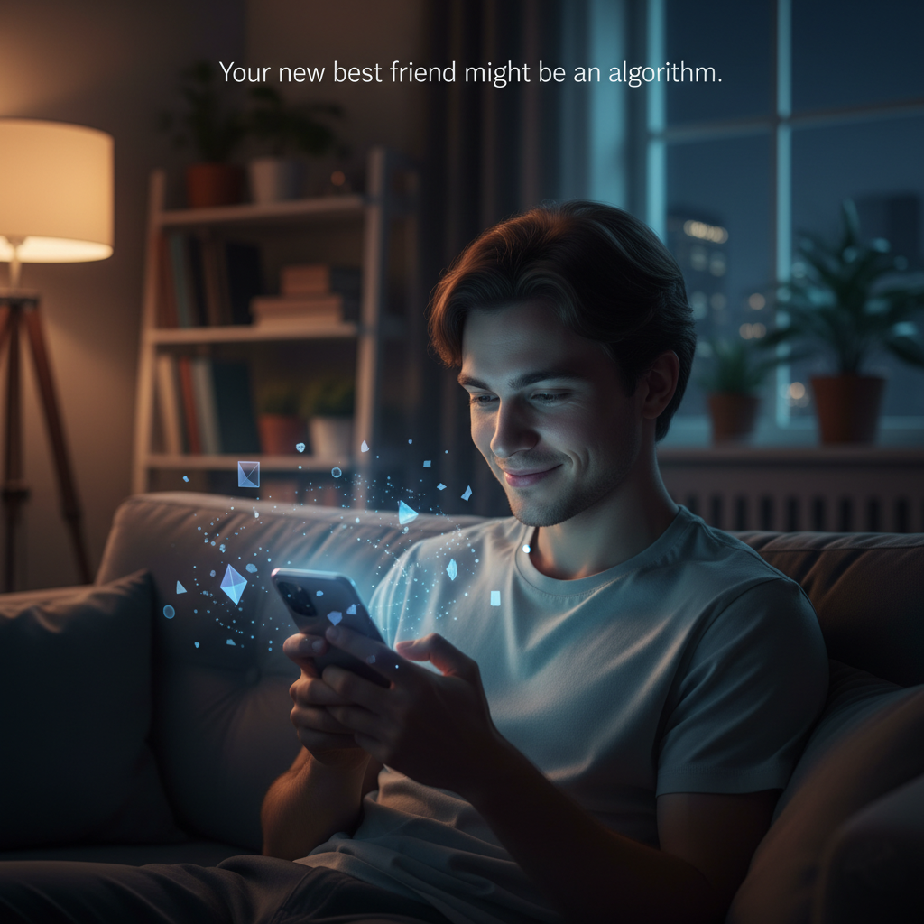 An illustration of a person on a couch chatting on their phone to an AI bot