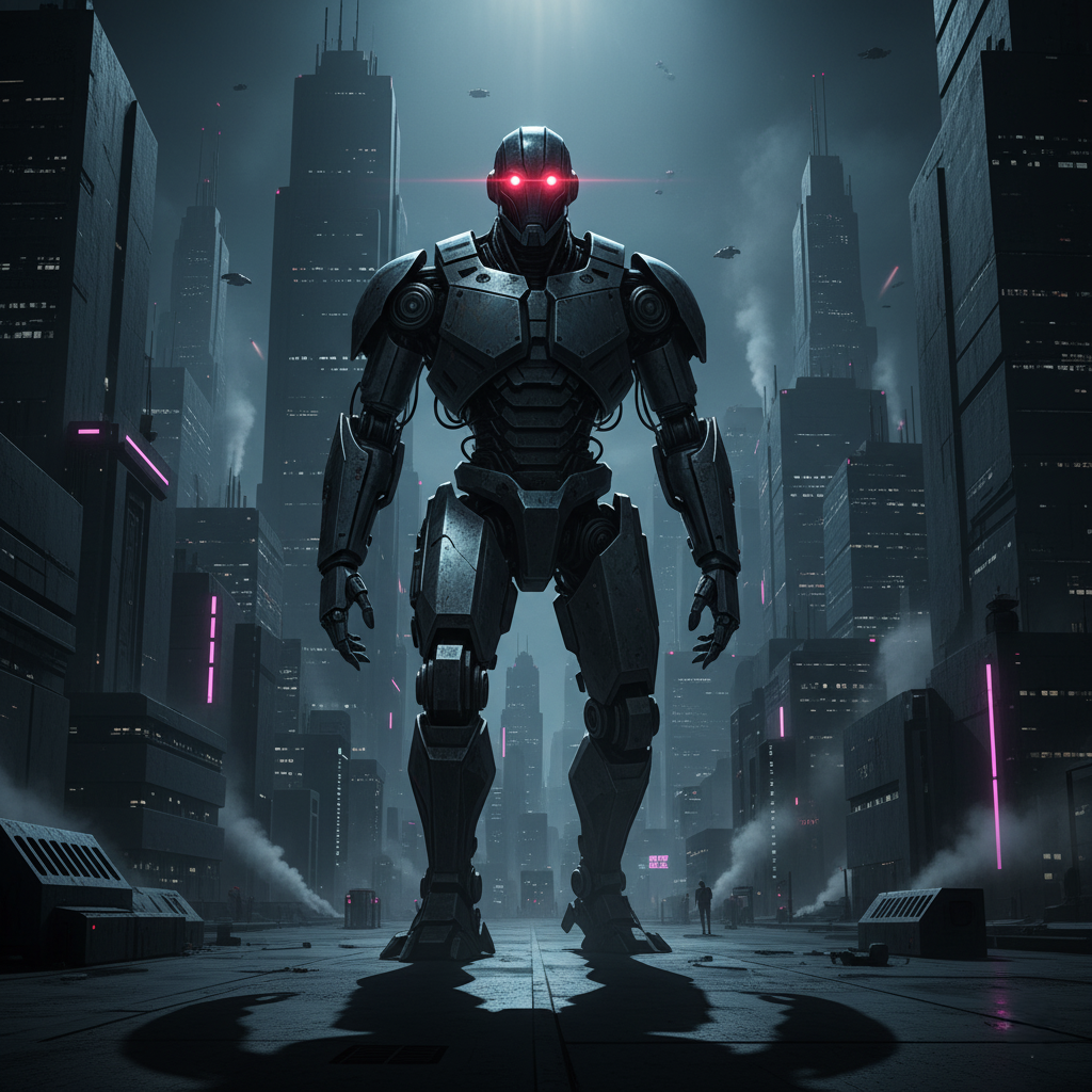 A classic sci-fi image of a robot with glowing red eyes, representing the 'evil robot' trope.