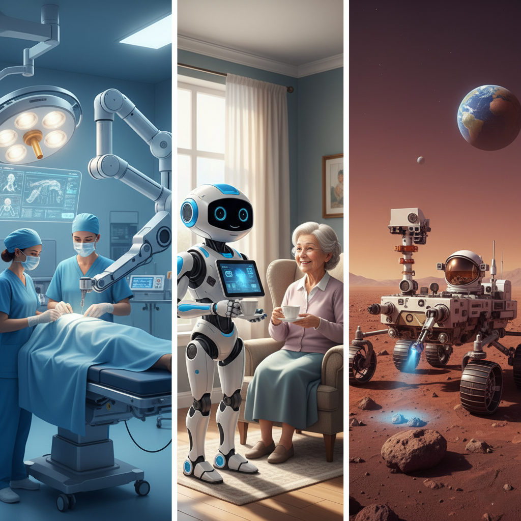 A hopeful image of a robot helping an elderly person, a rover on Mars, and a surgical robot assisting a doctor.