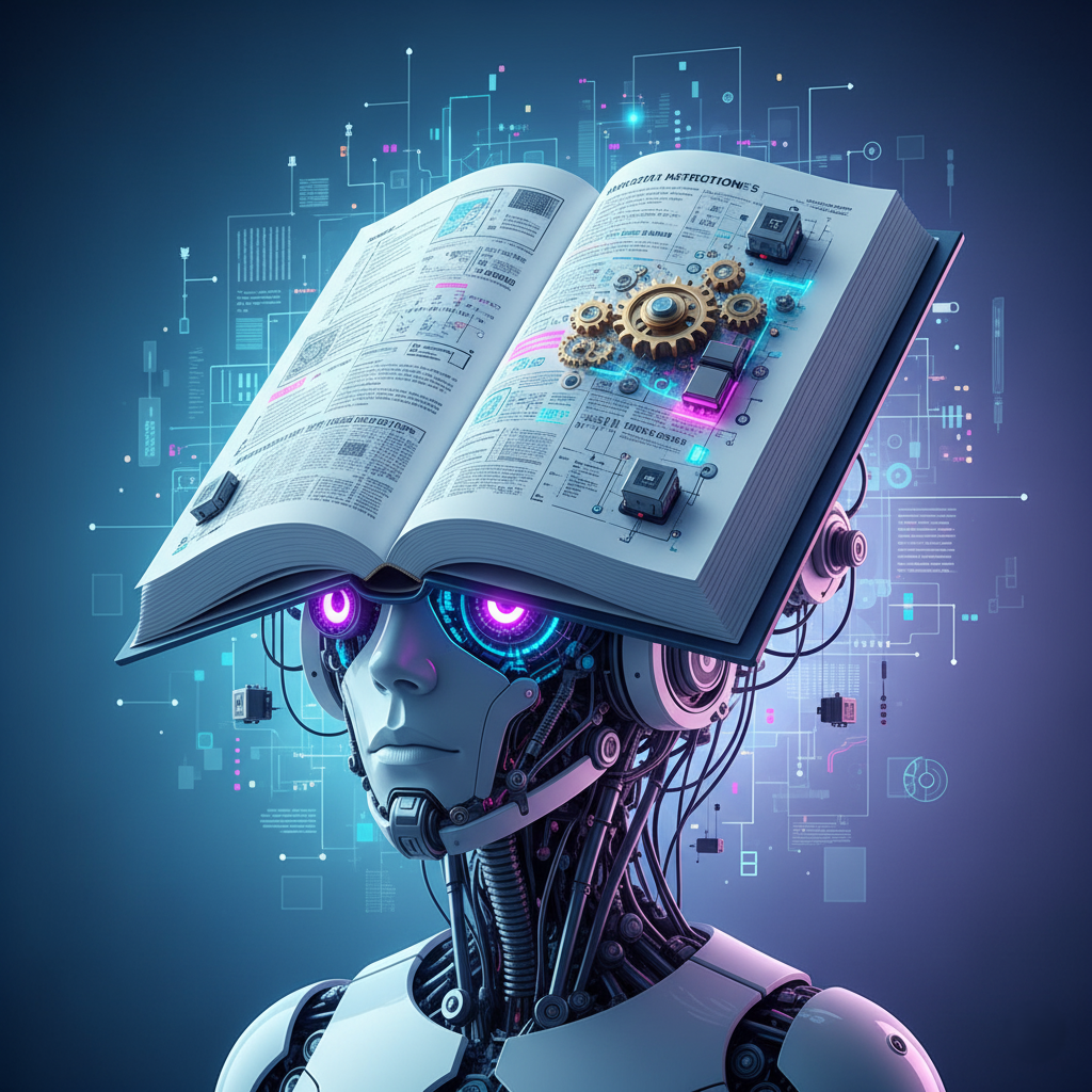 An illustration of a robot's brain as a giant, complex recipe book full of instructions.