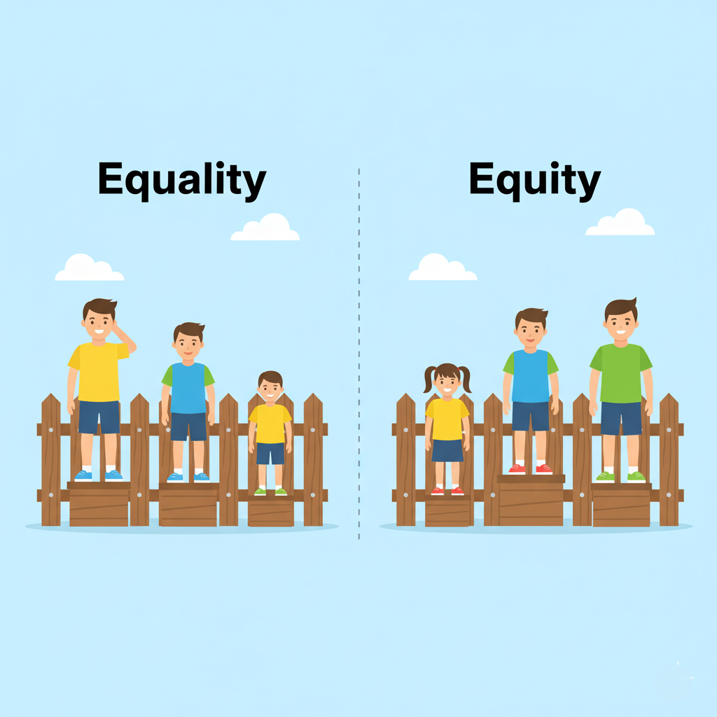 A classic illustration showing the difference between 'equality' (everyone gets the same box) and 'equity' (everyone gets the box they need)