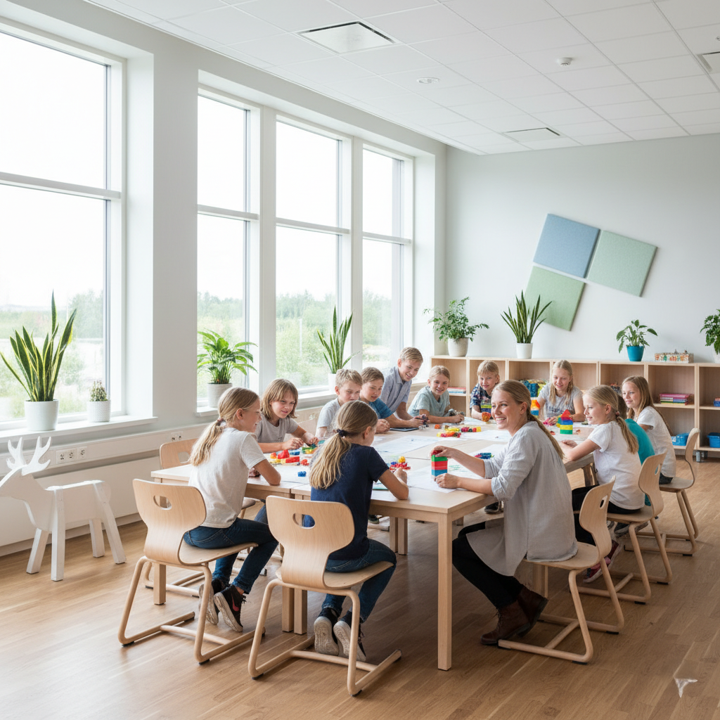 A happy, relaxed Finnish student in a modern, well-lit classroom