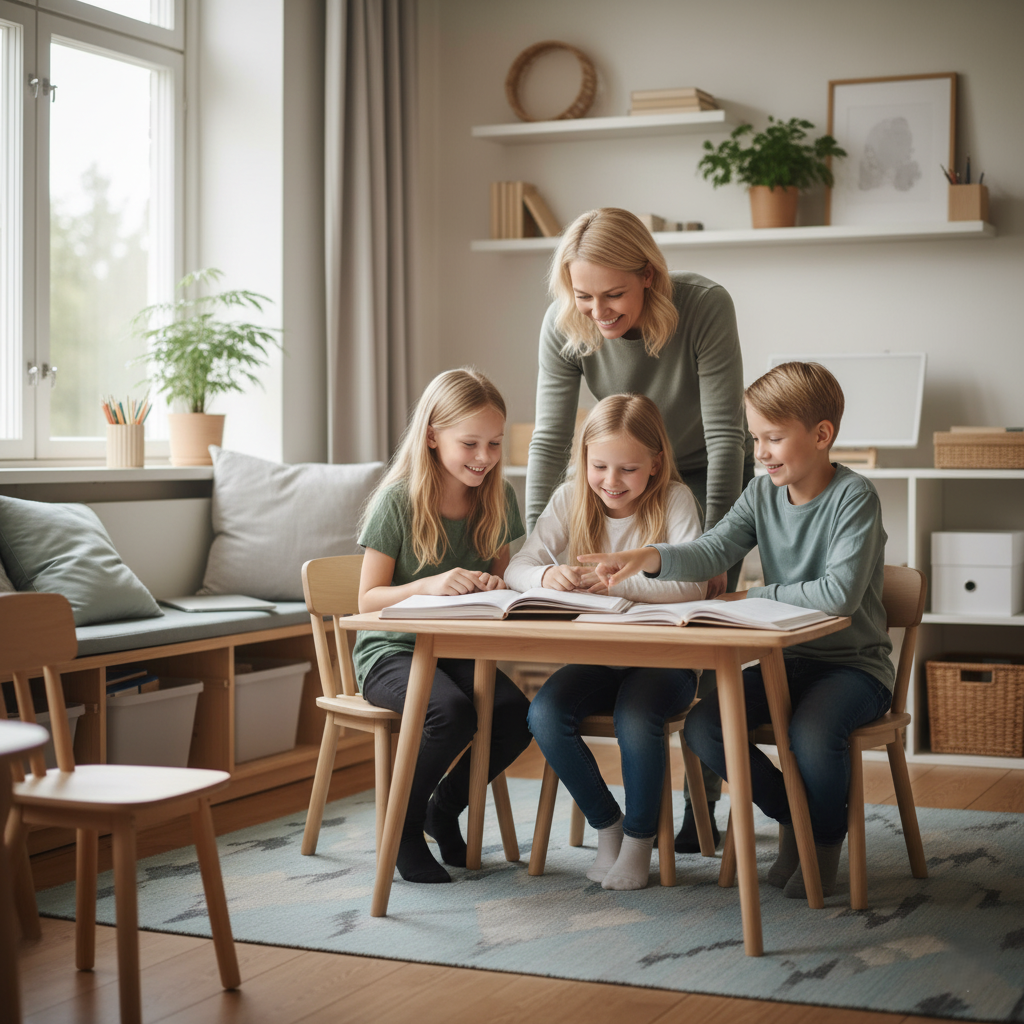 A professional, respected Finnish teacher collaborating with a small group of engaged students