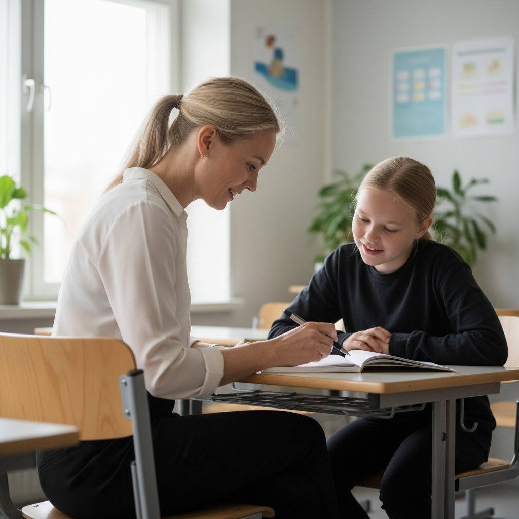 A teacher giving supportive, one-on-one formative feedback to a student at their desk