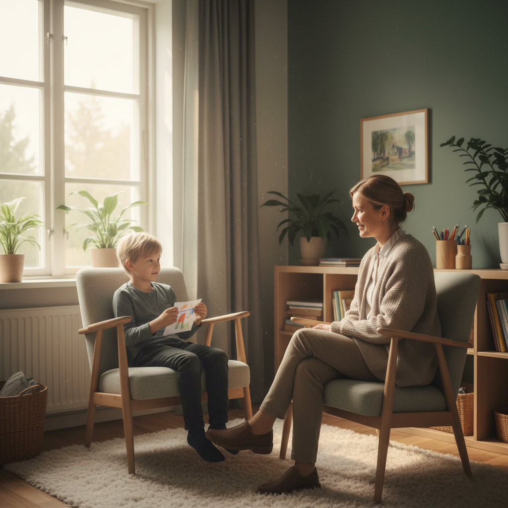 A school nurse or psychologist talking kindly with a young student in a supportive setting