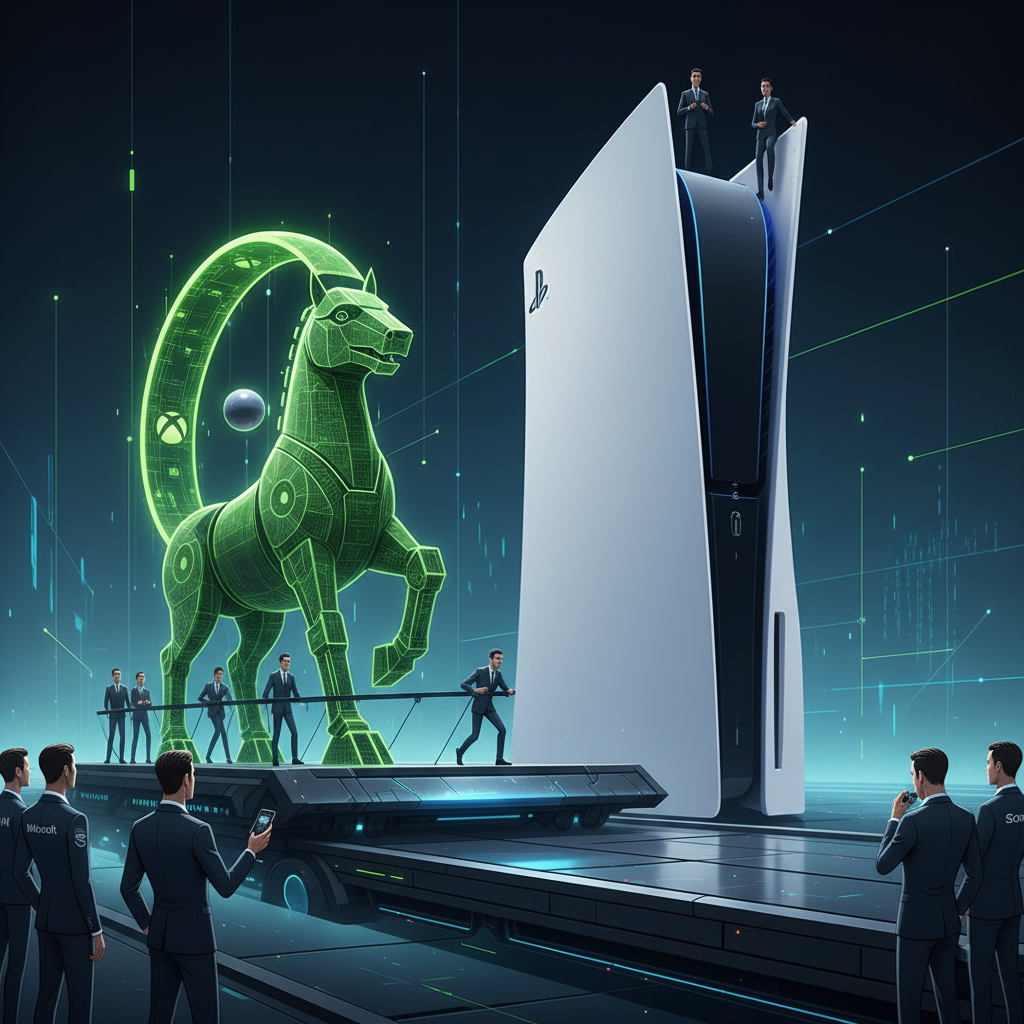 A split image showing ecstatic PlayStation fans celebrating on one side, and betrayed Xbox fans looking angry on the other