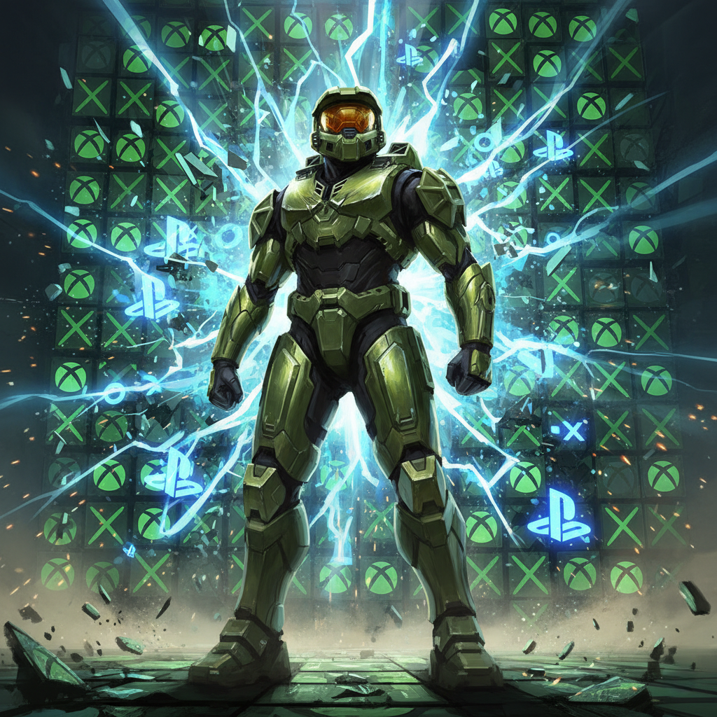 Master Chief's helmet reflecting the PlayStation symbols in its visor