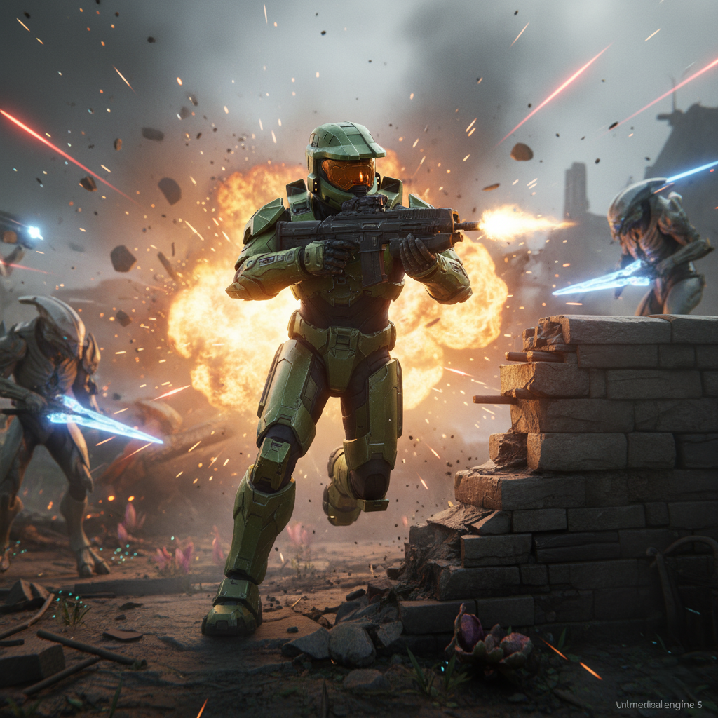 An in-game action shot showing Master Chief sprinting and using clamber, highlighting the new mobility