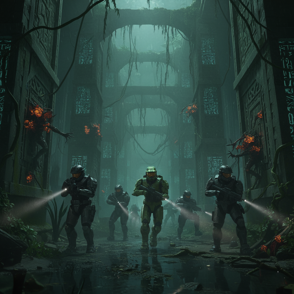 A conceptual graphic of the Halo logo as a 'Trojan Horse' being welcomed into a PlayStation console