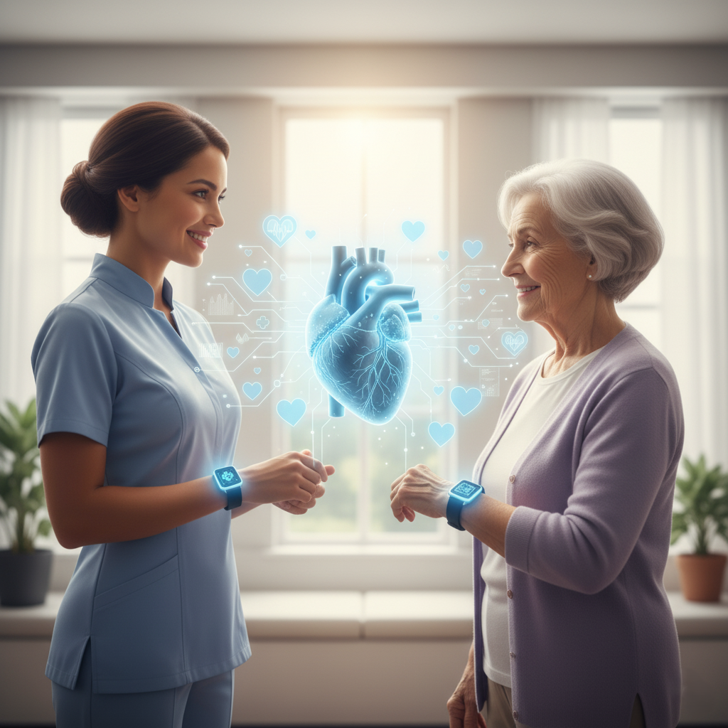 A hopeful, futuristic image of healthcare technology and human care combined