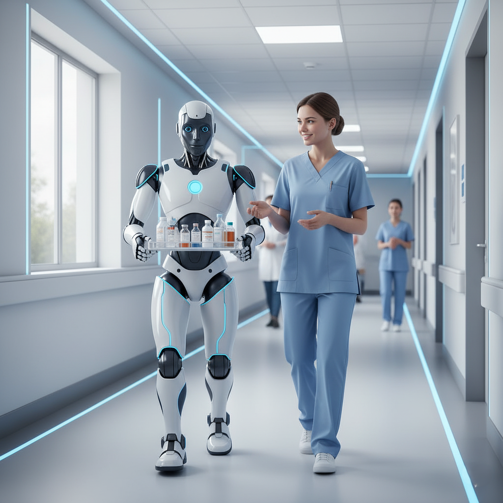 A friendly medical robot assisting a nurse in a hospital