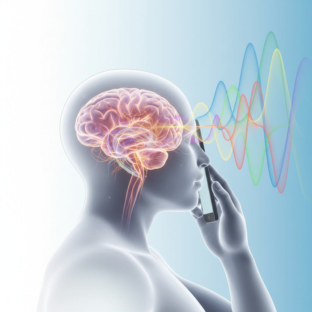 Smartphone next to head with illustrative radio waves