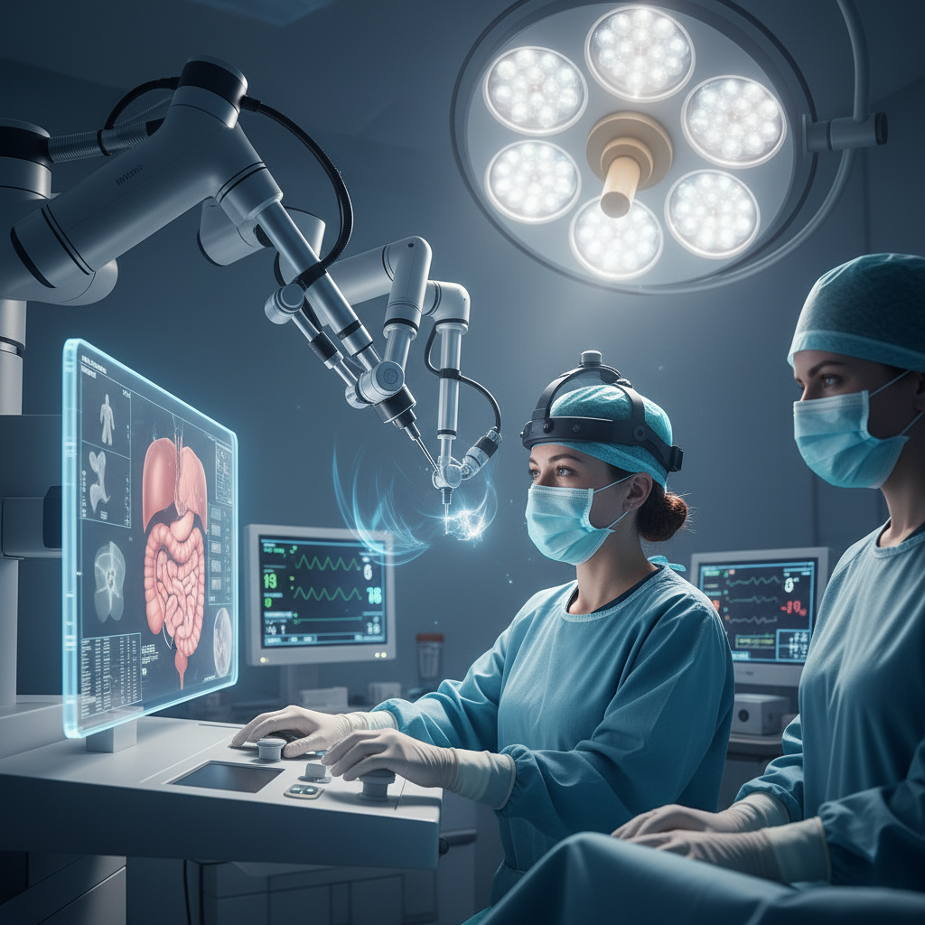 An image of a surgeon using a precise robotic arm to perform a delicate operation, showing human-robot teamwork.