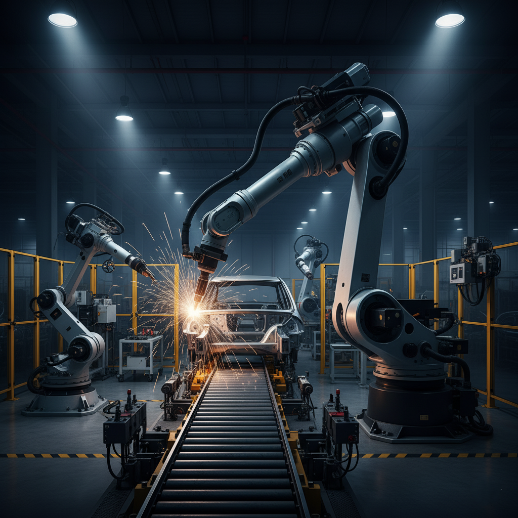 An image of a large, powerful robotic arm working tirelessly on a car assembly line.