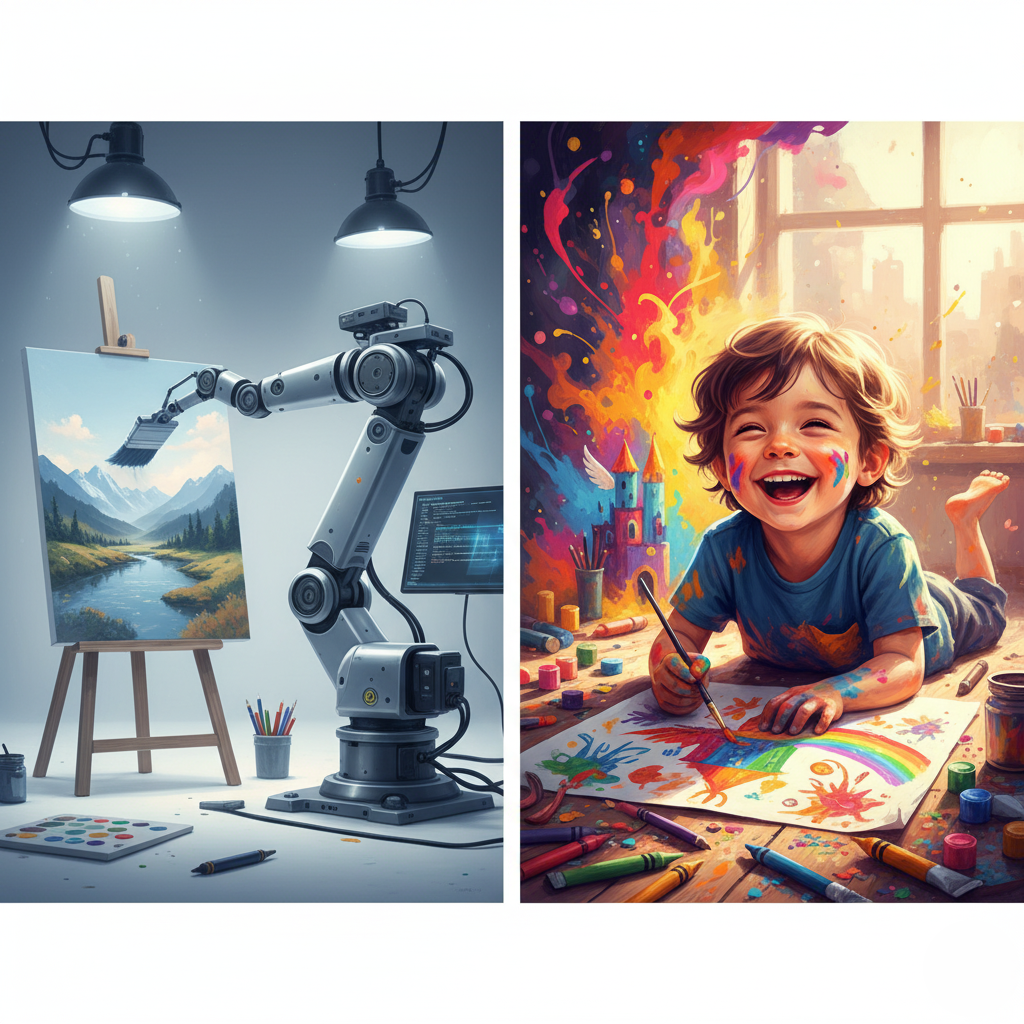 A split image showing a robot's technically perfect but soulless painting versus a child's wildly imaginative and colorful drawing.