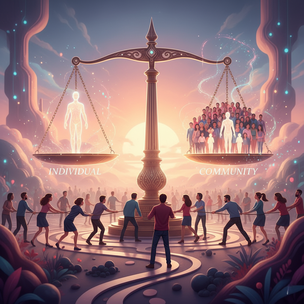 An inspiring image of a diverse group of people working together to balance a scale, with one side representing the individual and the other representing the community.