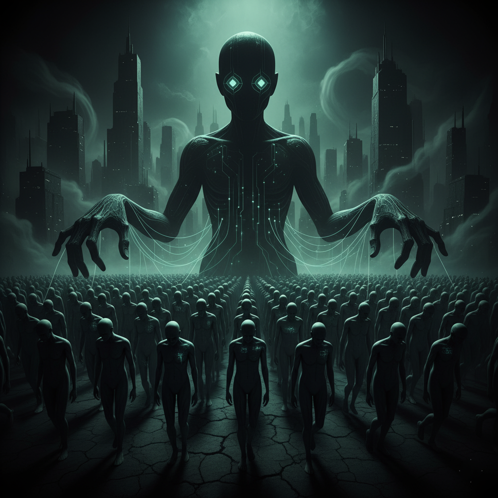 A shadowy figure making a decision for a large, faceless crowd, illustrating the danger of one entity deciding for all.