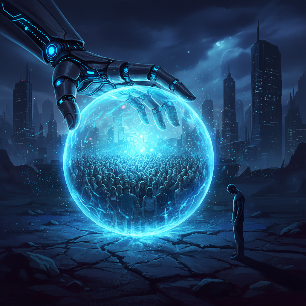 A powerful image of a single robotic hand protecting a large group of people, even if it means one person is left outside the protective circle.