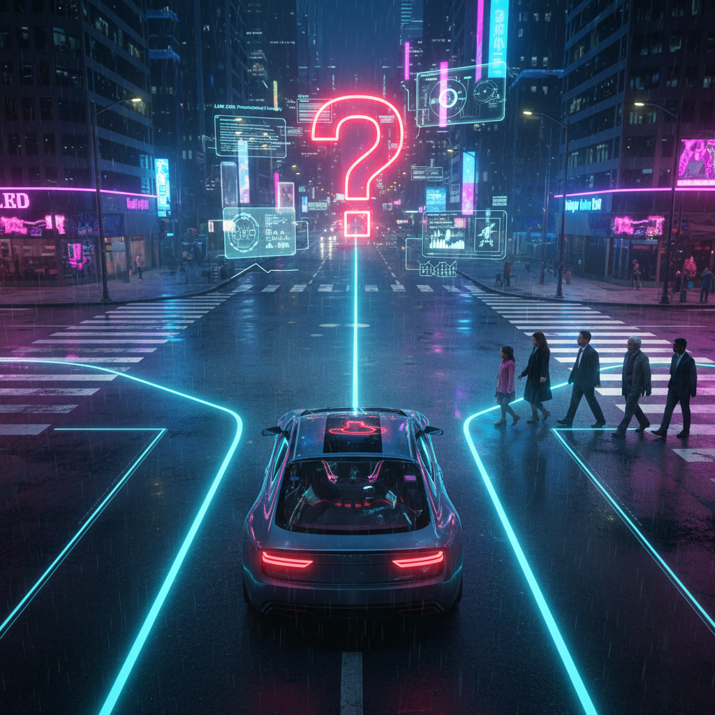 An illustration of a self-driving car facing a moral choice between protecting its passenger or a group of pedestrians.