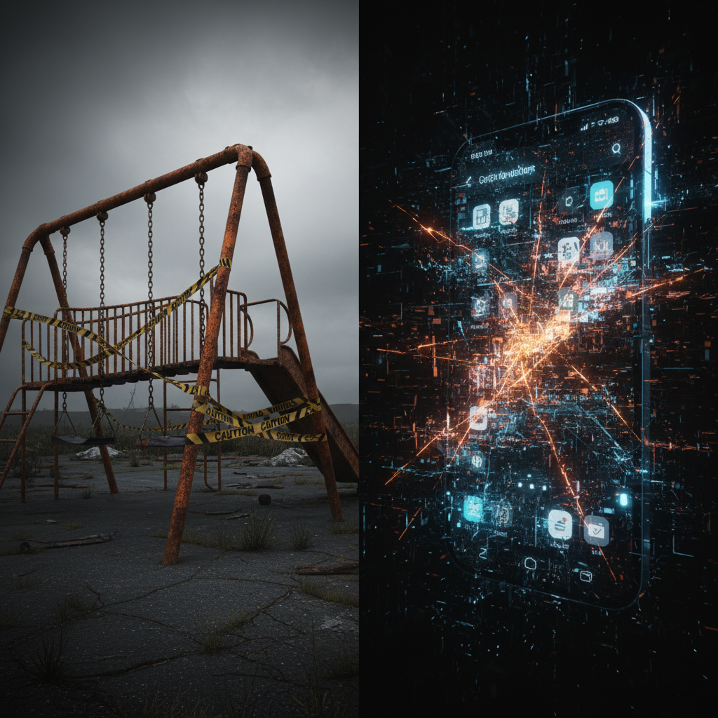 A conceptual illustration comparing a rusty, dangerous physical playground with warning tape to a digital smartphone screen showing a broken social media interface.