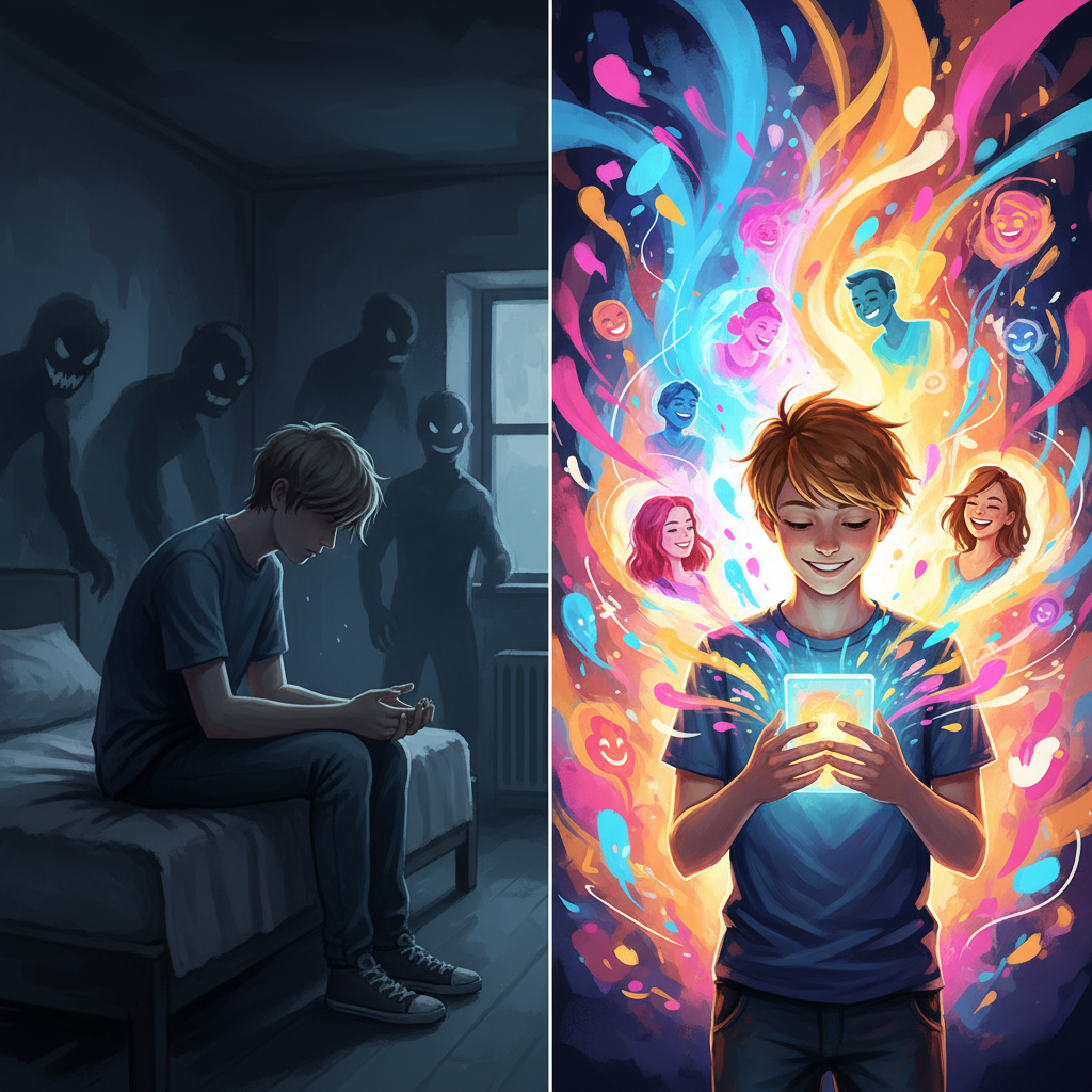 A split composition image: On the left, a lonely teen sitting in a dark room without a phone; on the right, a happy teen connecting with a supportive community online.