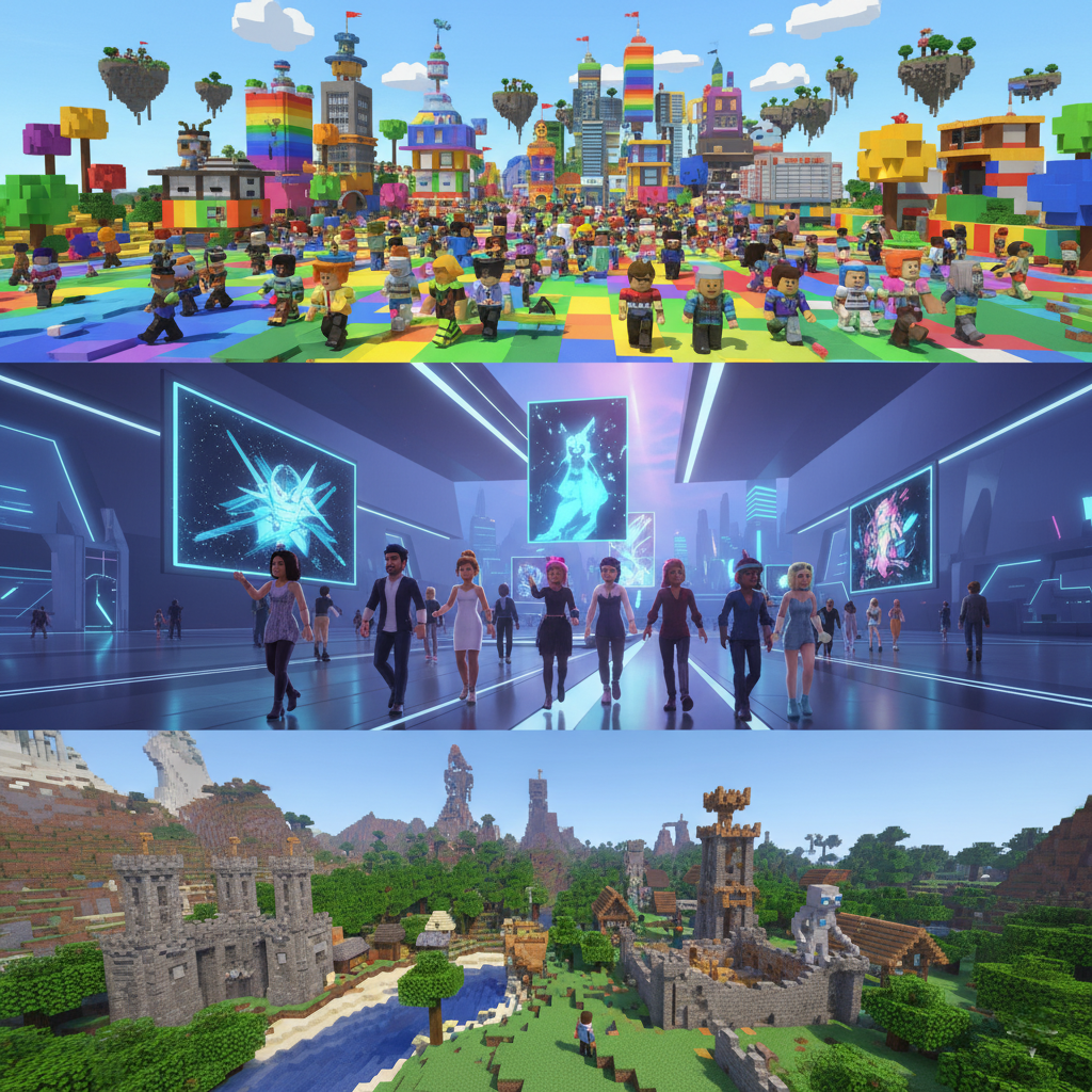 A collage of logos and in-game screenshots from Roblox, Decentraland, and Minecraft.