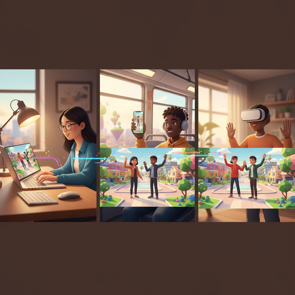 A split-screen image showing the same avatar in the same virtual world, controlled by a person on a laptop, a person on a phone, and a person in a VR headset.