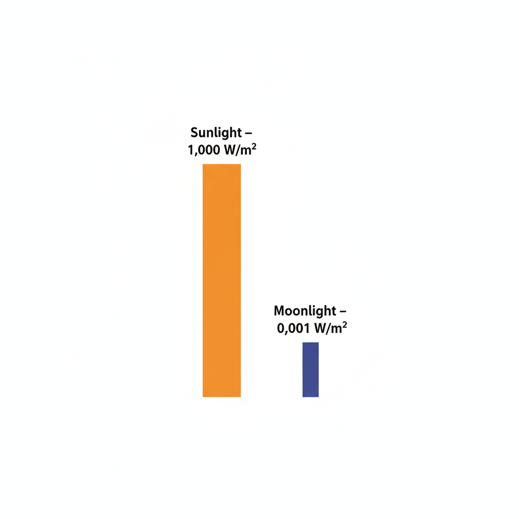A bar chart comparing solar irradiance (1,000 W) to lunar irradiance (0.001 W)