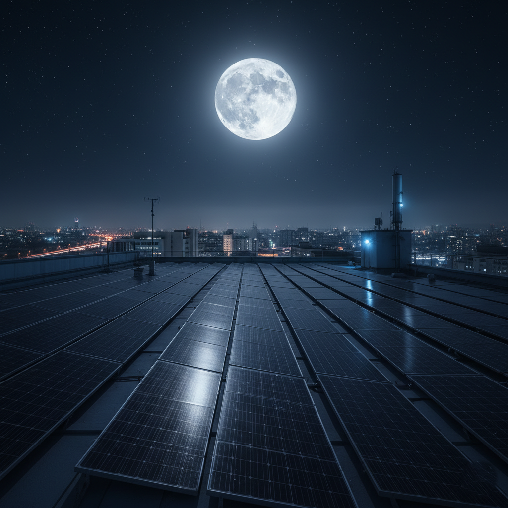A solar panel on a roof at night with a bright full moon in the sky