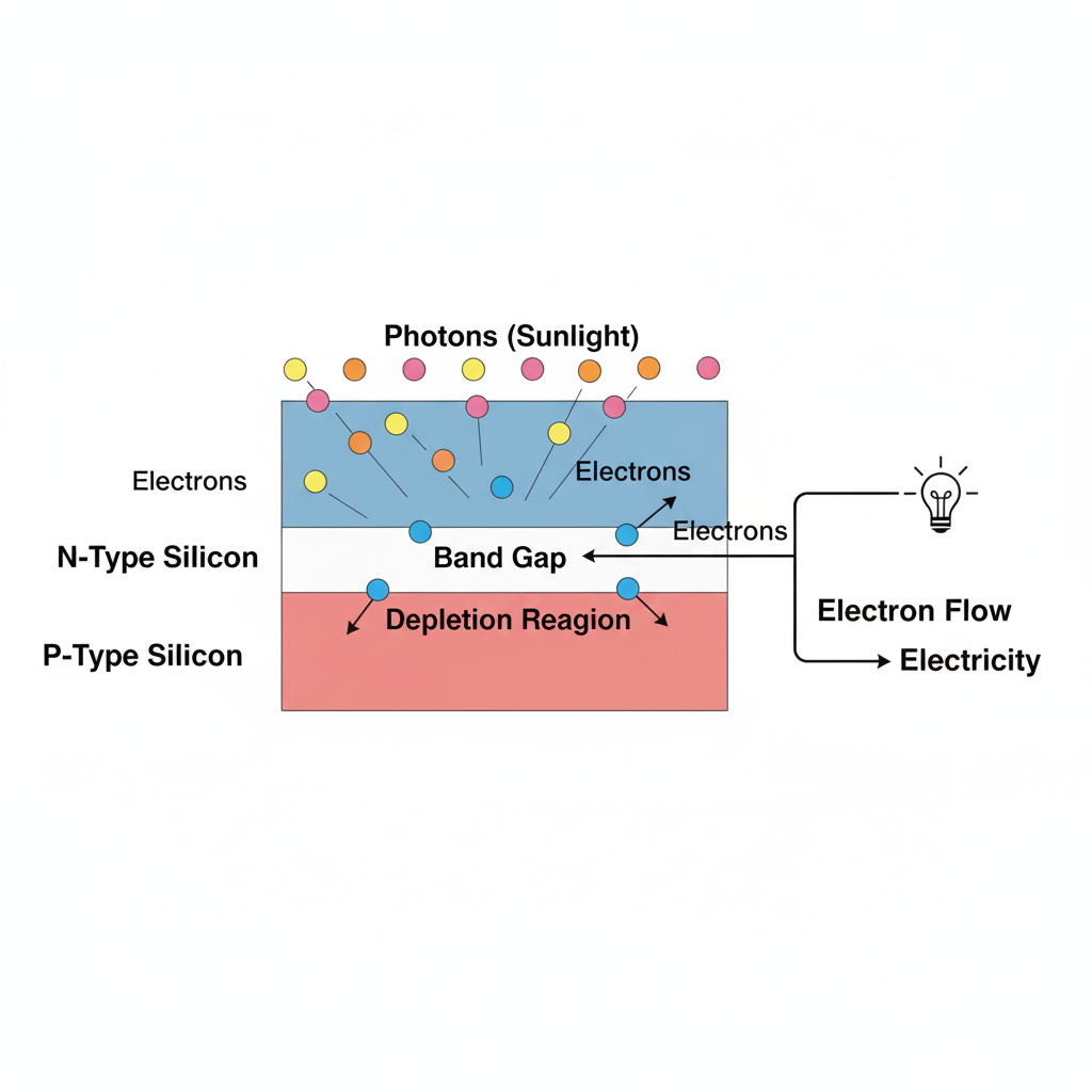 A diagram of the photovoltaic effect, showing photons hitting a silicon cell and knocking electrons loose