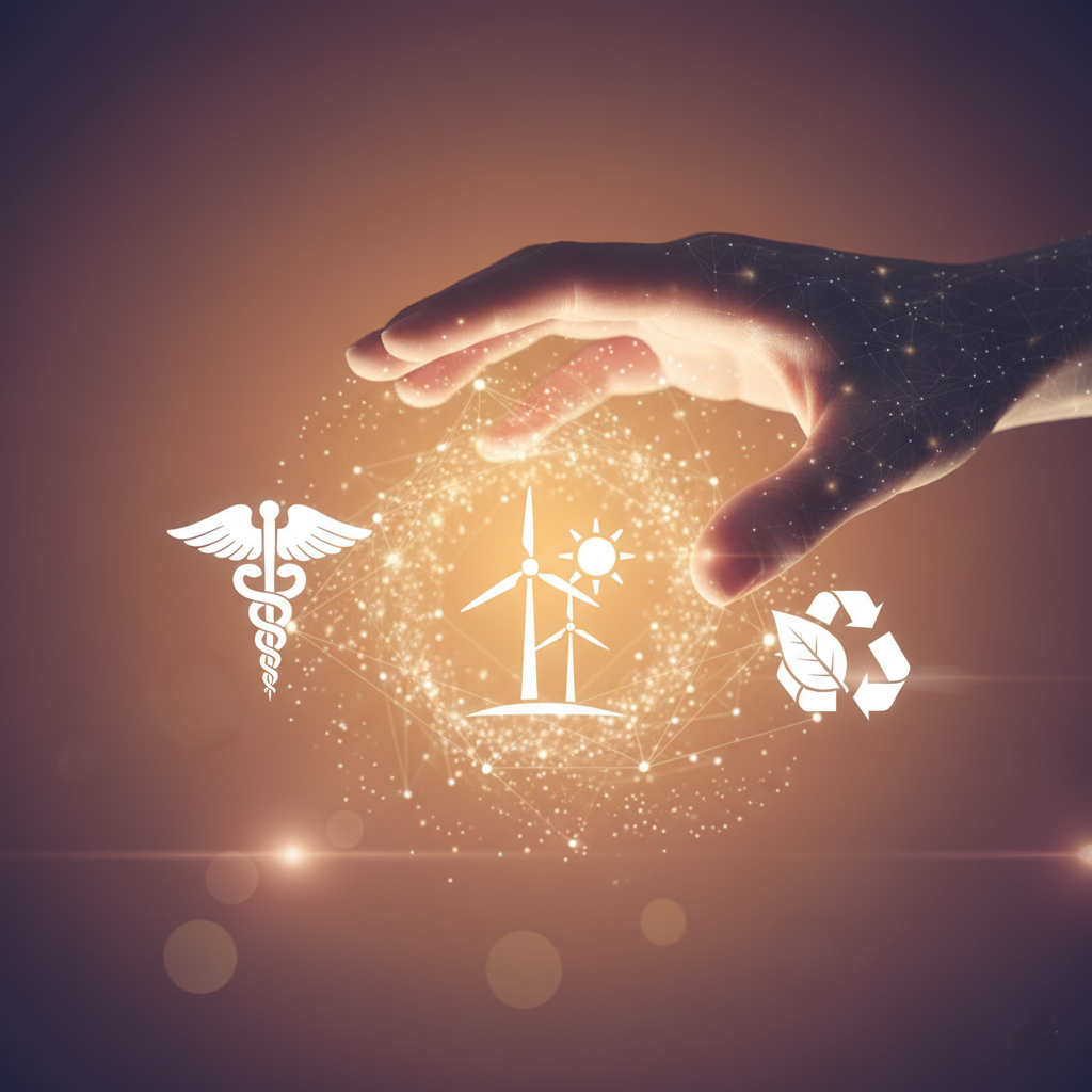 A hopeful image of a human hand guiding a glowing network of nanoparticles towards positive goals like medicine and clean energy.