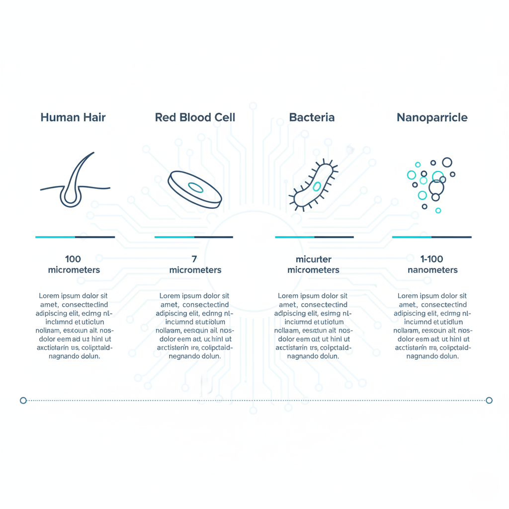 An infographic illustrating the incredible smallness of a nanometer compared to everyday objects like a human hair or a red blood cell.