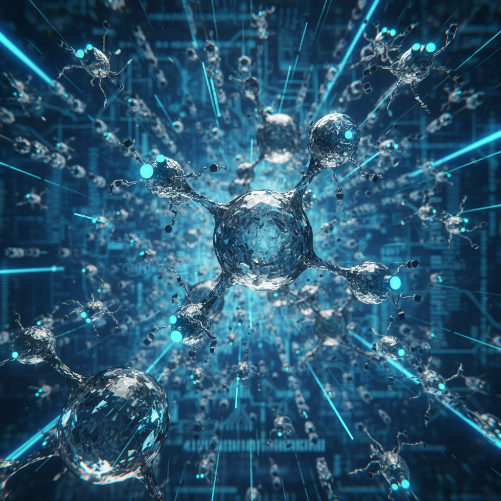 An abstract, futuristic image of molecular structures or nanobots.