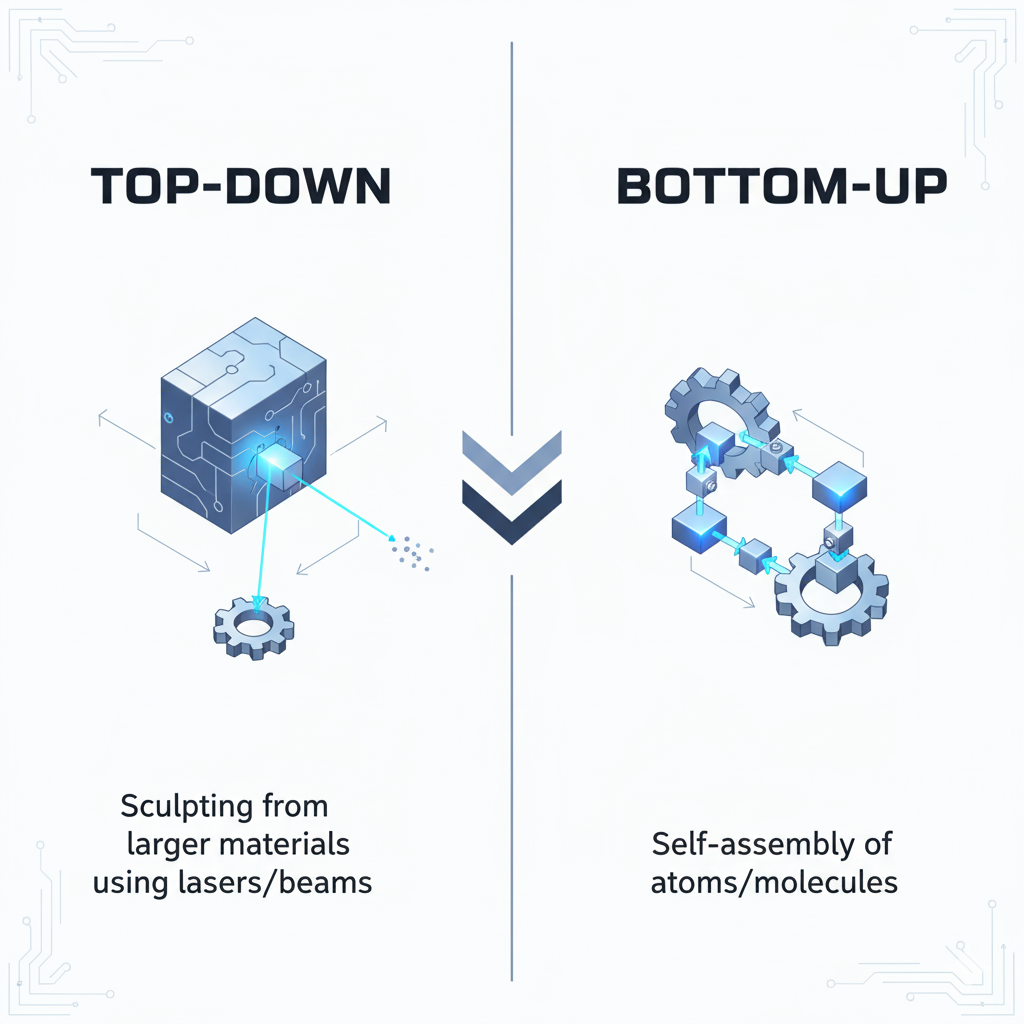 An illustration showing the 'top-down' (sculpting) vs 'bottom-up' (building) nanotech methods