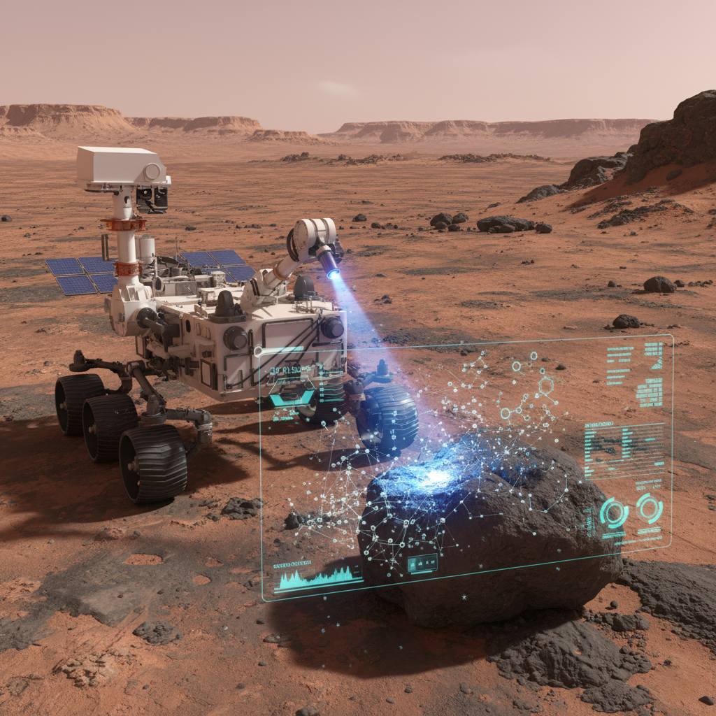 An illustration of a Mars rover using a nanosensor to analyze a rock sample at the molecular level.