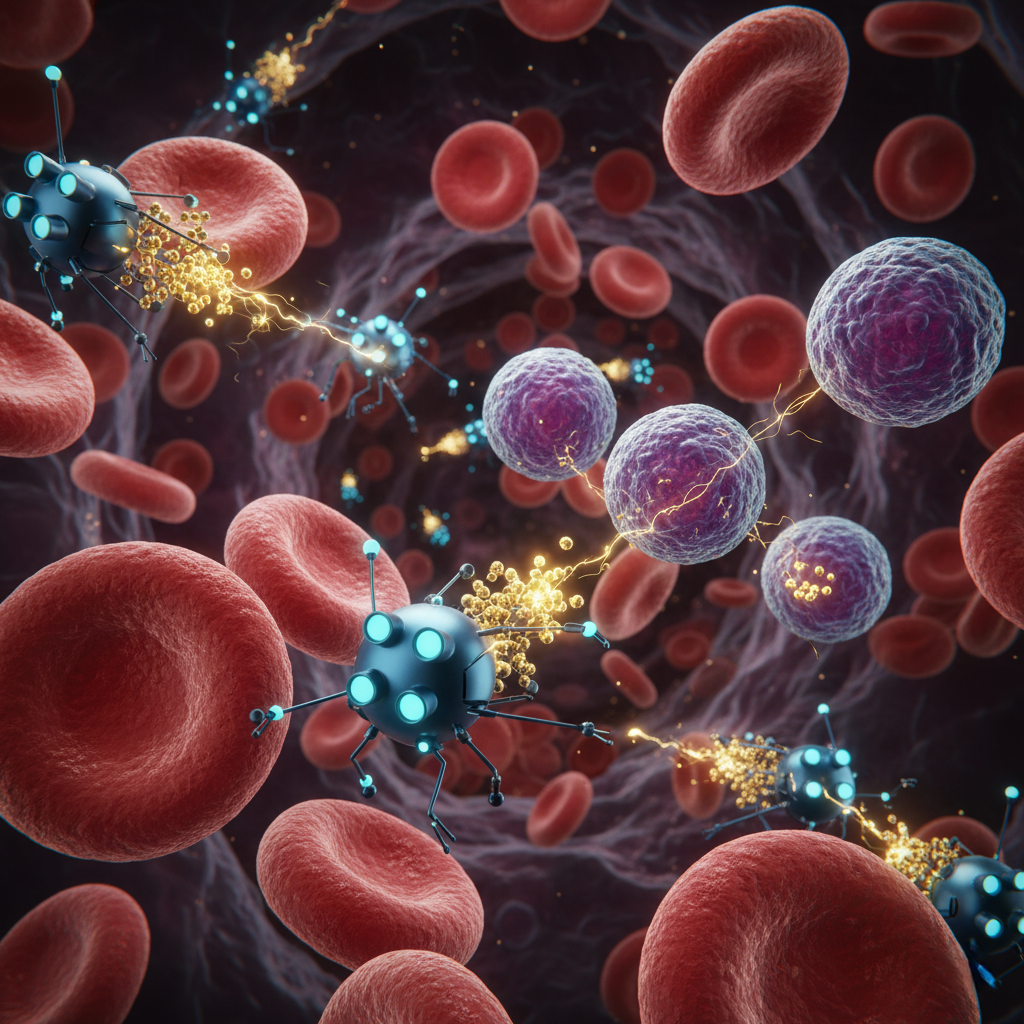 An animated graphic showing nanobots delivering medicine directly to targeted cells within the human body.