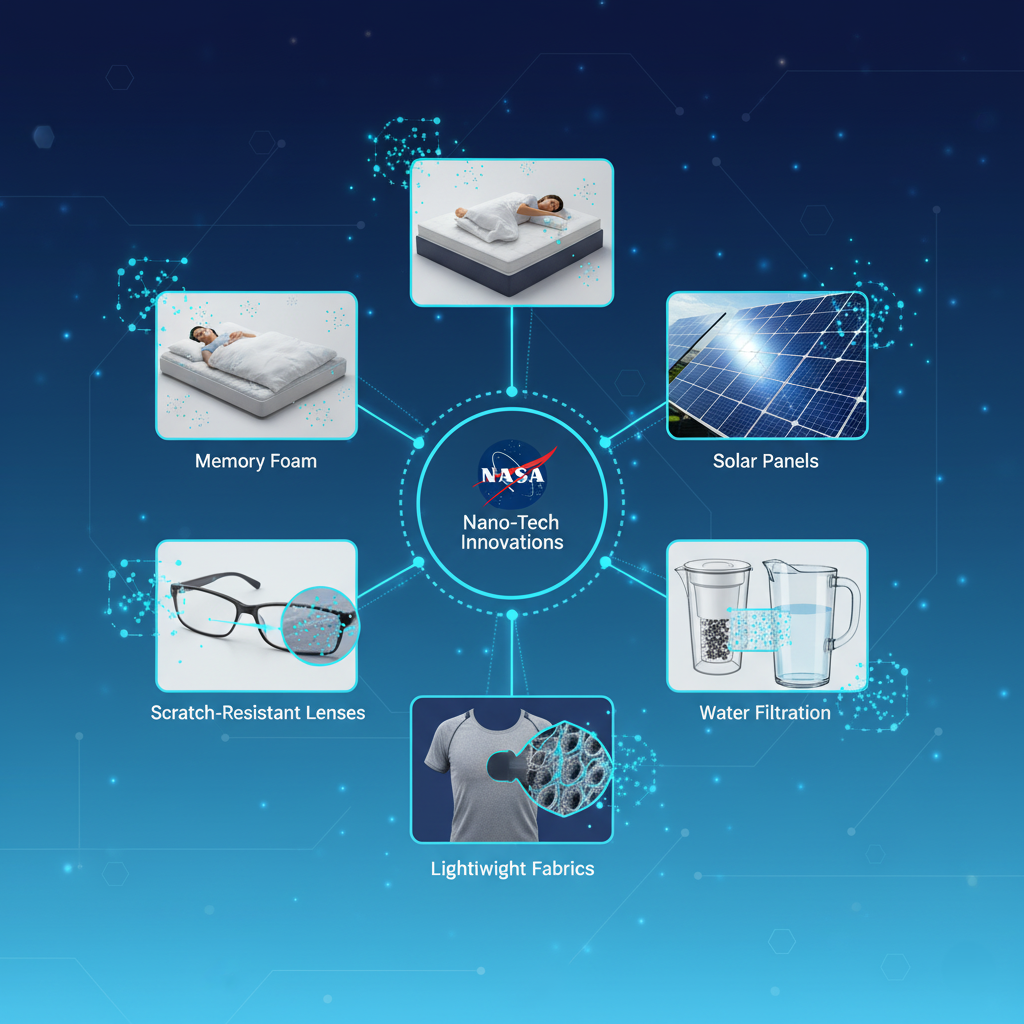 A collage of everyday products that originated from NASA technology, like memory foam, scratch-resistant lenses, and water filters.