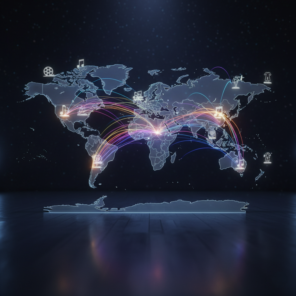 A world map showing the 'Hallyu' or Korean Wave spreading from South Korea