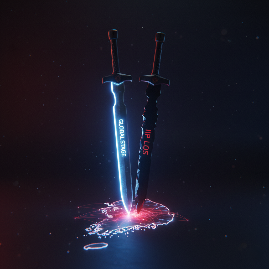 An illustration of a double-edged sword, one side 'Global Stage' and the other 'IP Loss'