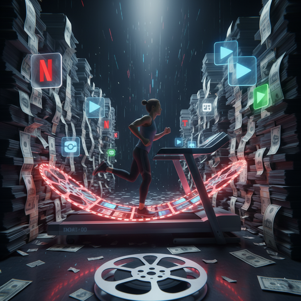 An illustration of a person on a content treadmill made of film reels